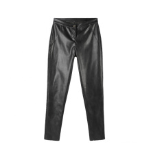 High Quality Women Clothing New Design Stretch Mid Waist Black Plus Size Leather Pants With Button